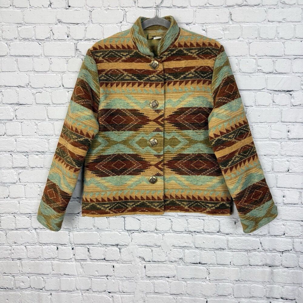 Vtg Painted Pony Tapestry Southwestern Aztec Linen Jacket Women's M Art To Wear